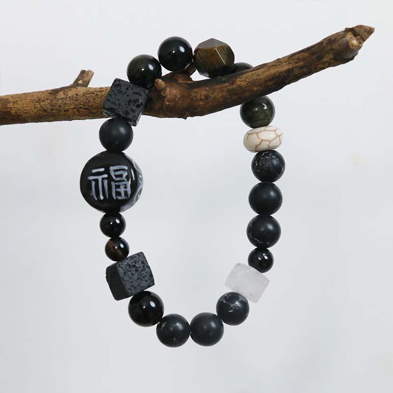 Bracelet en agate onyx noire de 8 mm avec symbole de fortune Fu