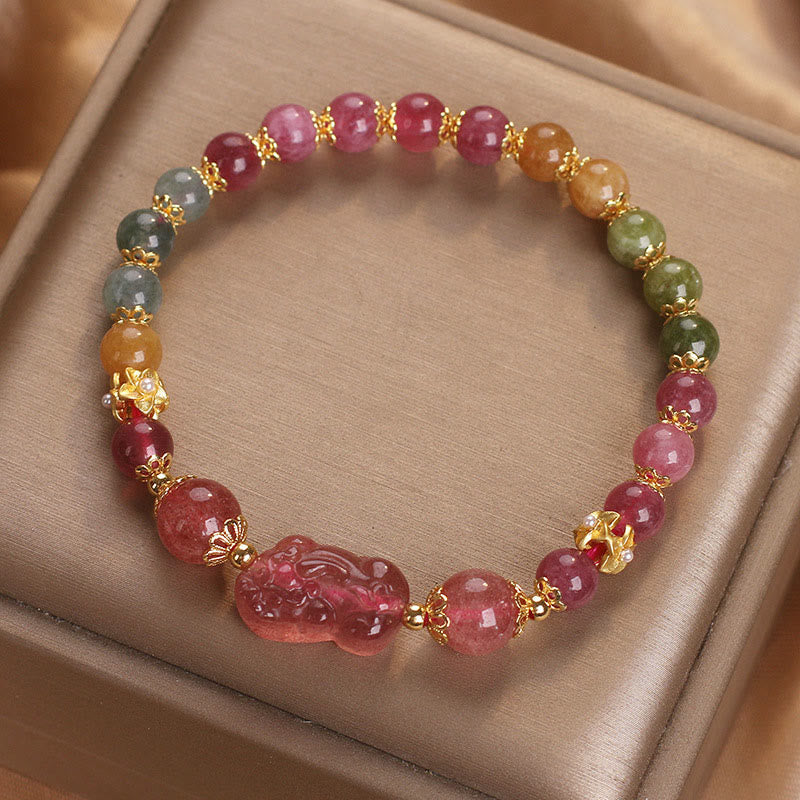 Pixiu Bracelet with Tourmaline and Strawberry Quartz for Love