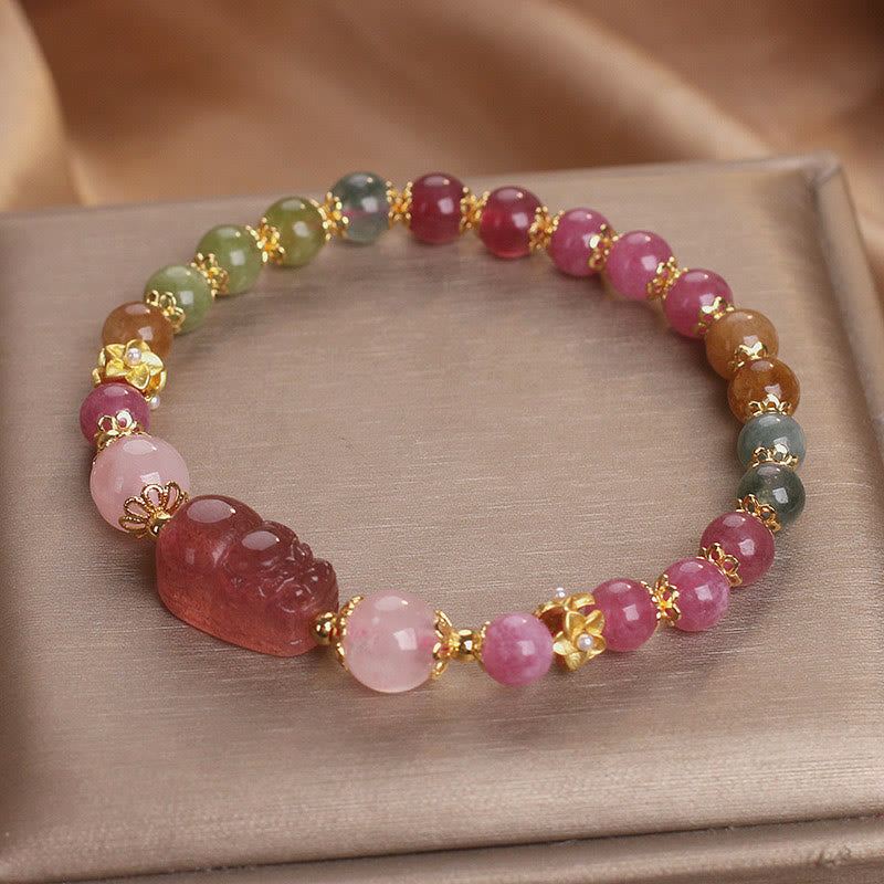 Pixiu Bracelet with Tourmaline and Strawberry Quartz for Love