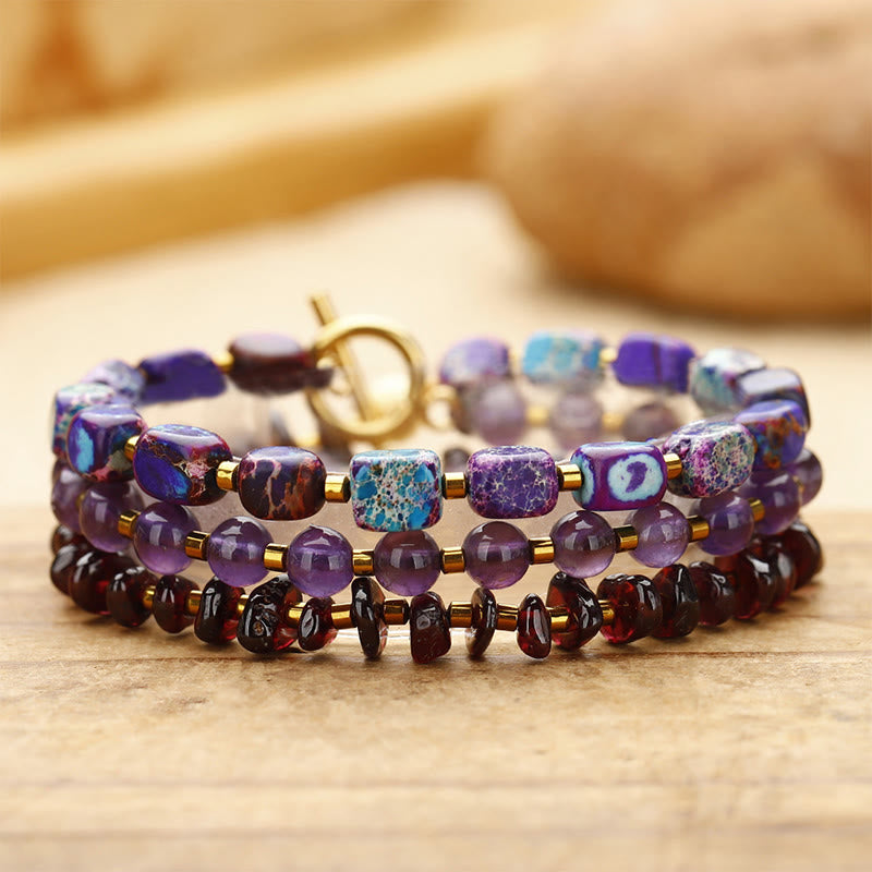 Triple Wrap Amethyst Garnet Emperor Stone Bracelet