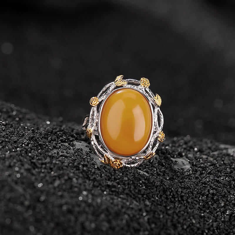 Bague de concentration spirituelle en ambre et argent