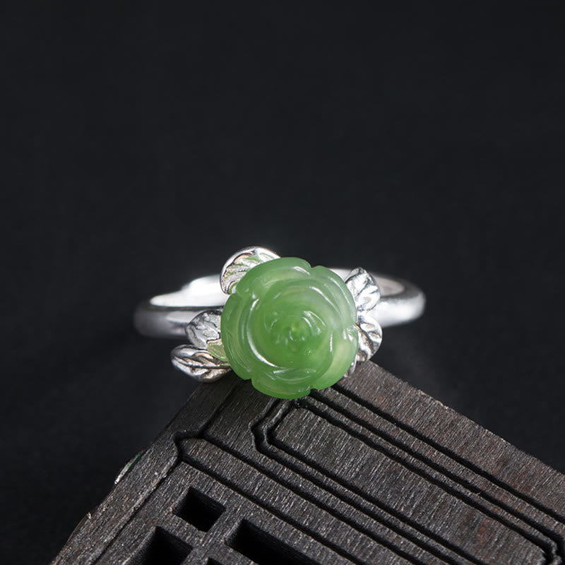 Bague ajustable en argent sterling 925 avec jade vert et rose pour la chance