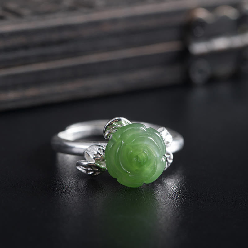 Bague ajustable en argent sterling 925 avec jade vert et rose pour la chance