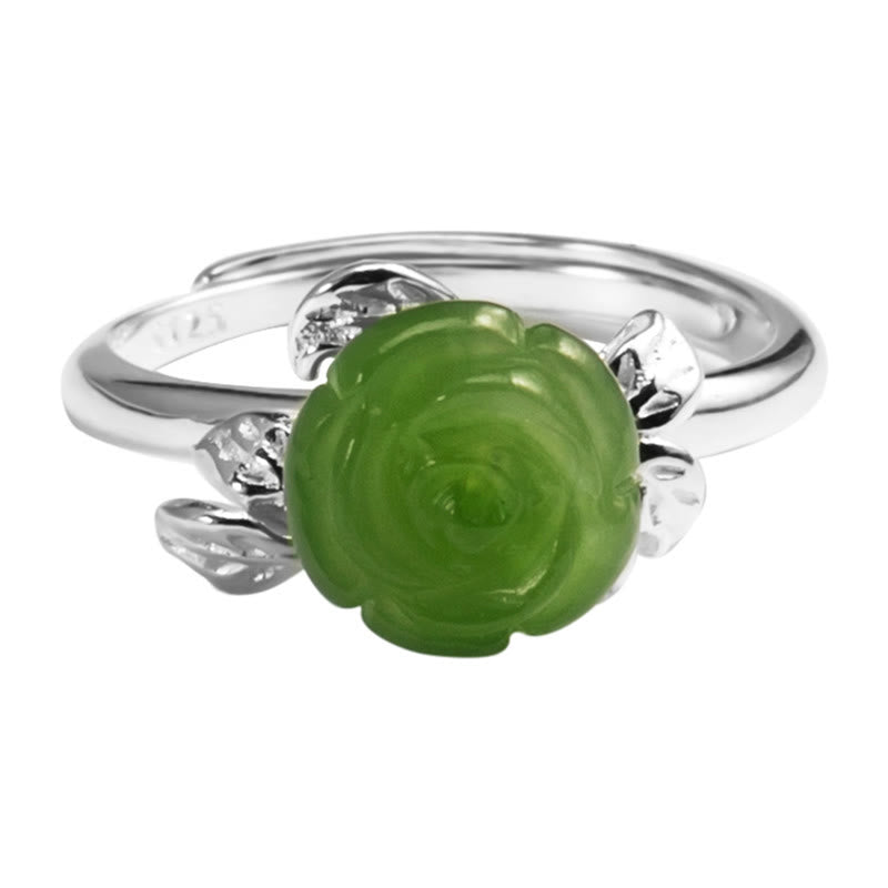 Bague ajustable en argent sterling 925 avec jade vert et rose pour la chance