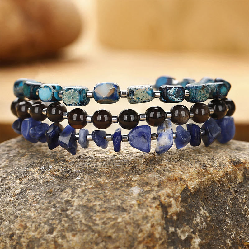 Emperor Stone Obsidian Bracelet Triple Wrap for Balance
