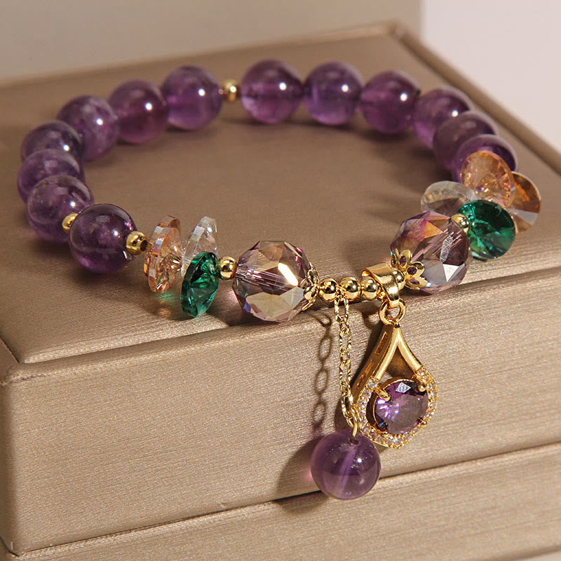 Unisex Amethyst Spiritual Awareness Bracelet with Citrine & Green Crystal, Size 14-16cm