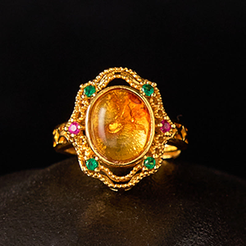 Bague ajustable en ambre fleurie pour la confiance et la force intérieure