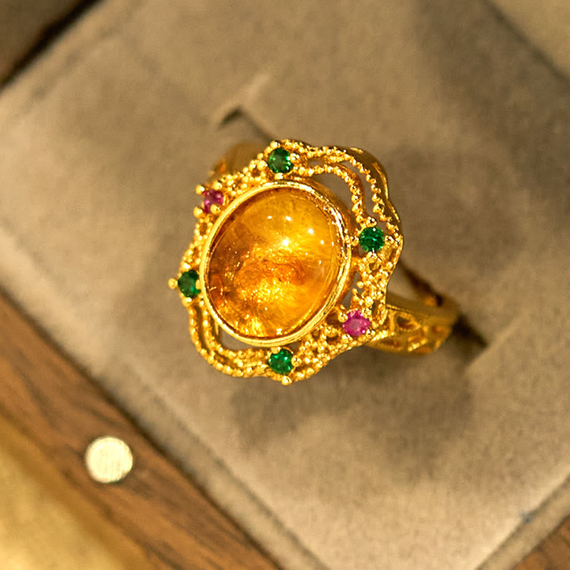 Bague ajustable en ambre fleurie pour la confiance et la force intérieure