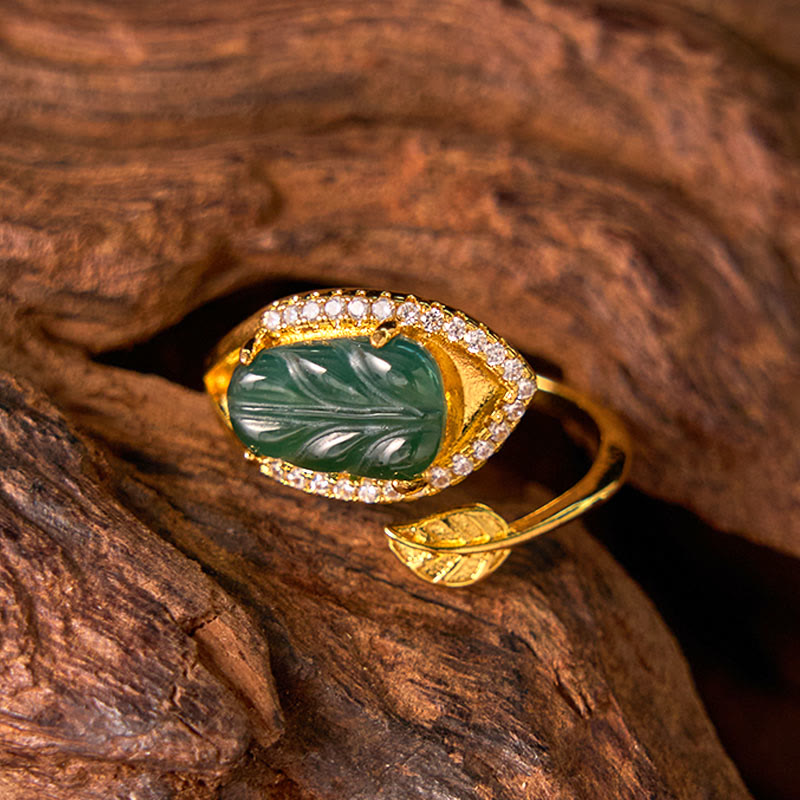 Bague ajustable en cuivre et or avec feuille de jade pour la prospérité