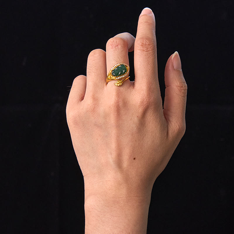 Bague ajustable en cuivre et or avec feuille de jade pour la prospérité