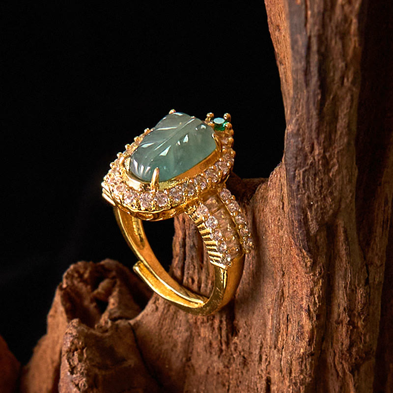Bague ajustable en feuille de jade, plaquée or et cuivre, avec diamants porte-bonheur
