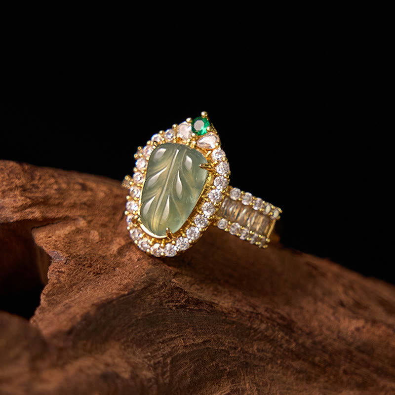 Bague ajustable en feuille de jade, plaquée or et cuivre, avec diamants porte-bonheur