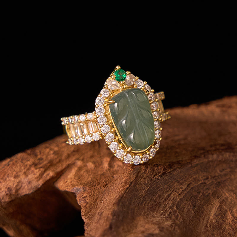 Bague ajustable en feuille de jade, plaquée or et cuivre, avec diamants porte-bonheur
