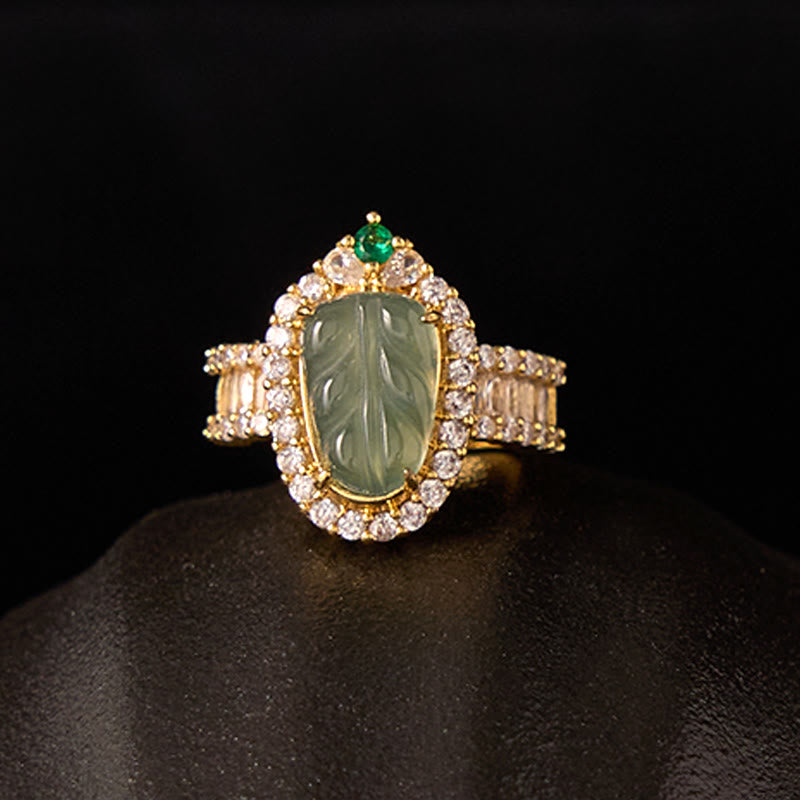 Bague ajustable en feuille de jade, plaquée or et cuivre, avec diamants porte-bonheur