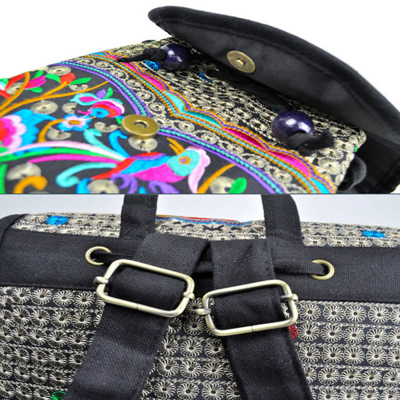 Sac à dos en toile avec broderie pivoine et arbre à monnaie chinois - Symbole de prospérité