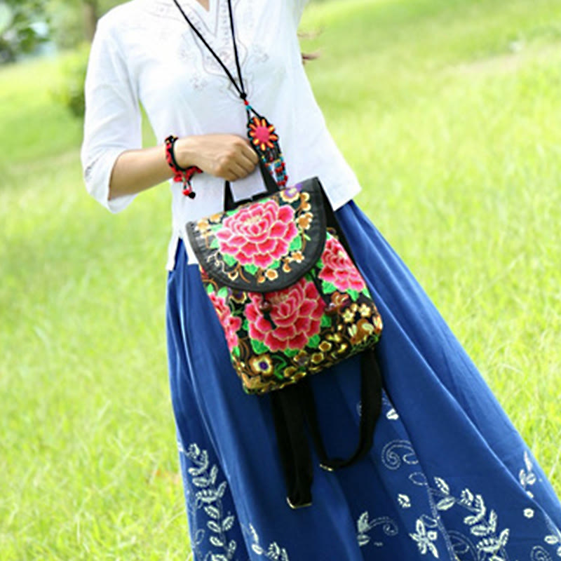 Sac à dos en toile avec broderie pivoine et arbre à monnaie chinois - Symbole de prospérité