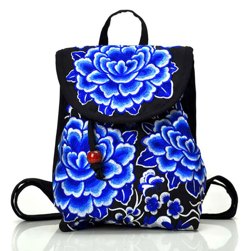 Sac à dos en toile avec broderie pivoine et arbre à monnaie chinois - Symbole de prospérité