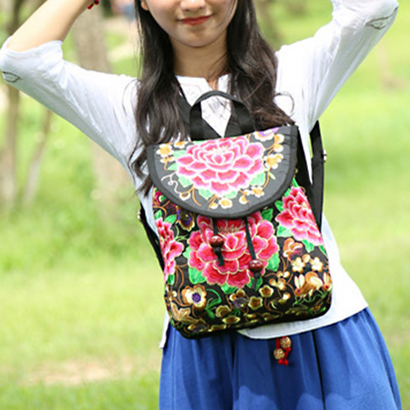 Sac à dos en toile avec broderie pivoine et arbre à monnaie chinois - Symbole de prospérité