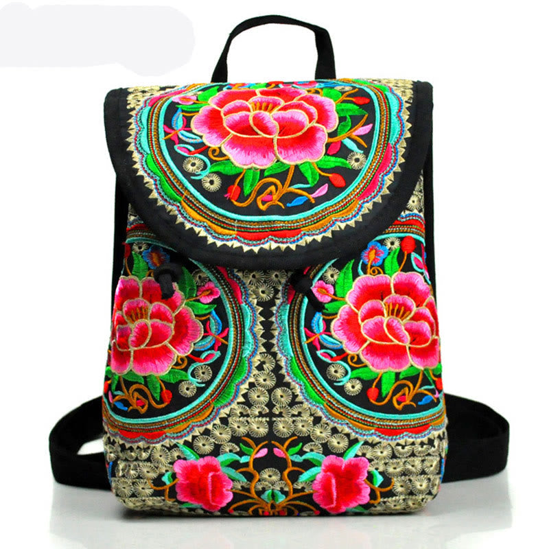 Sac à dos en toile avec broderie pivoine et arbre à monnaie chinois - Symbole de prospérité