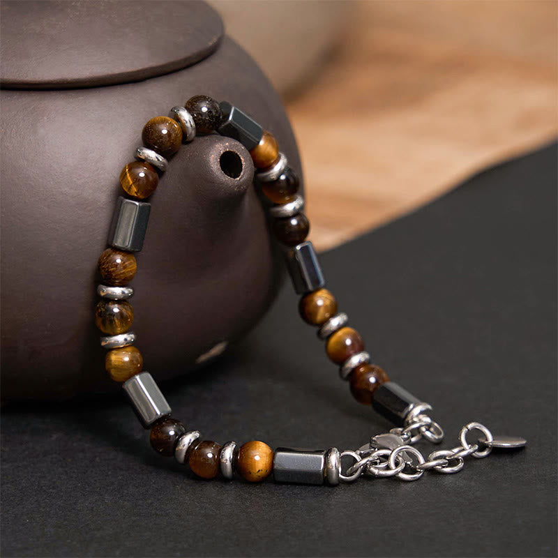 Tiger Eye Hematite Strength Bracelet with Buckle Chain