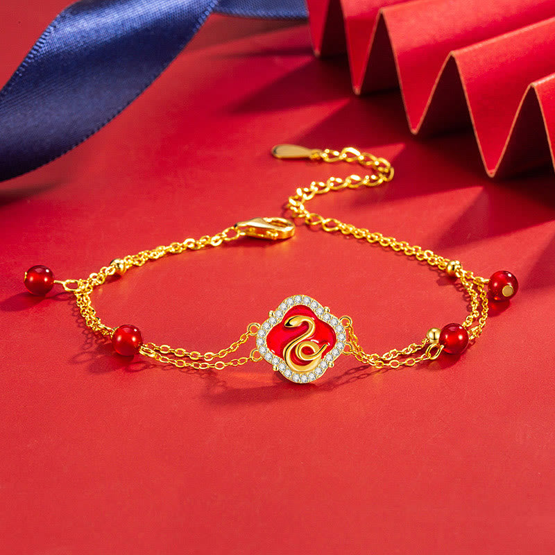 Bracelet porte-bonheur serpent en argent sterling et agate rouge