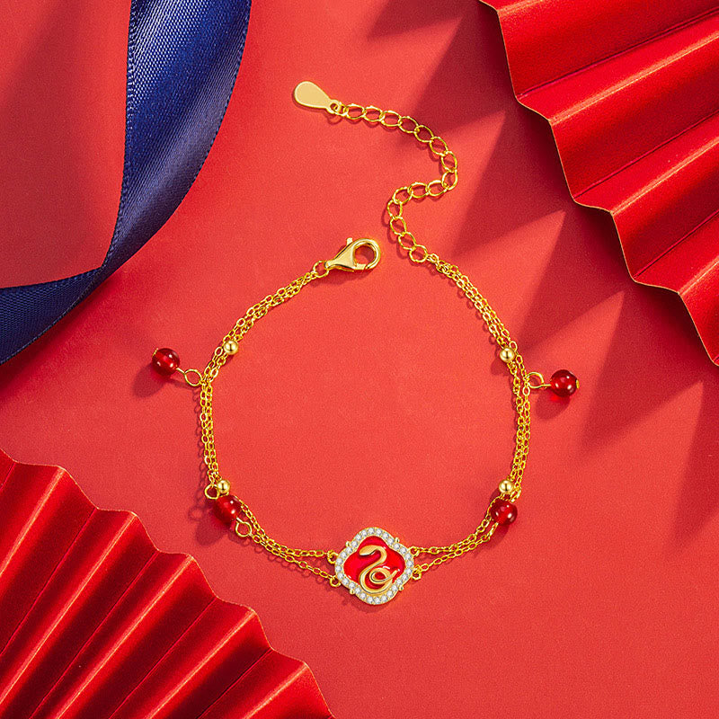 Bracelet porte-bonheur serpent en argent sterling et agate rouge