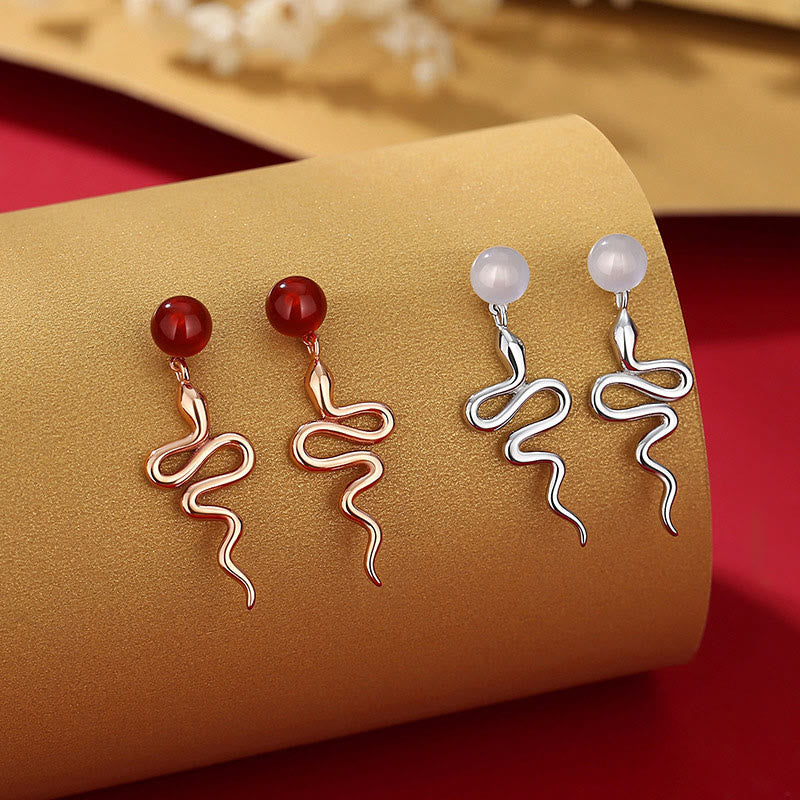 Boucles d'oreilles serpent en agate rouge et argent sterling