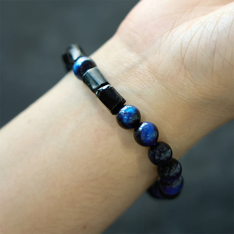 Bracelet de force en œil de tigre bleu et tourmaline noire - 8 mm