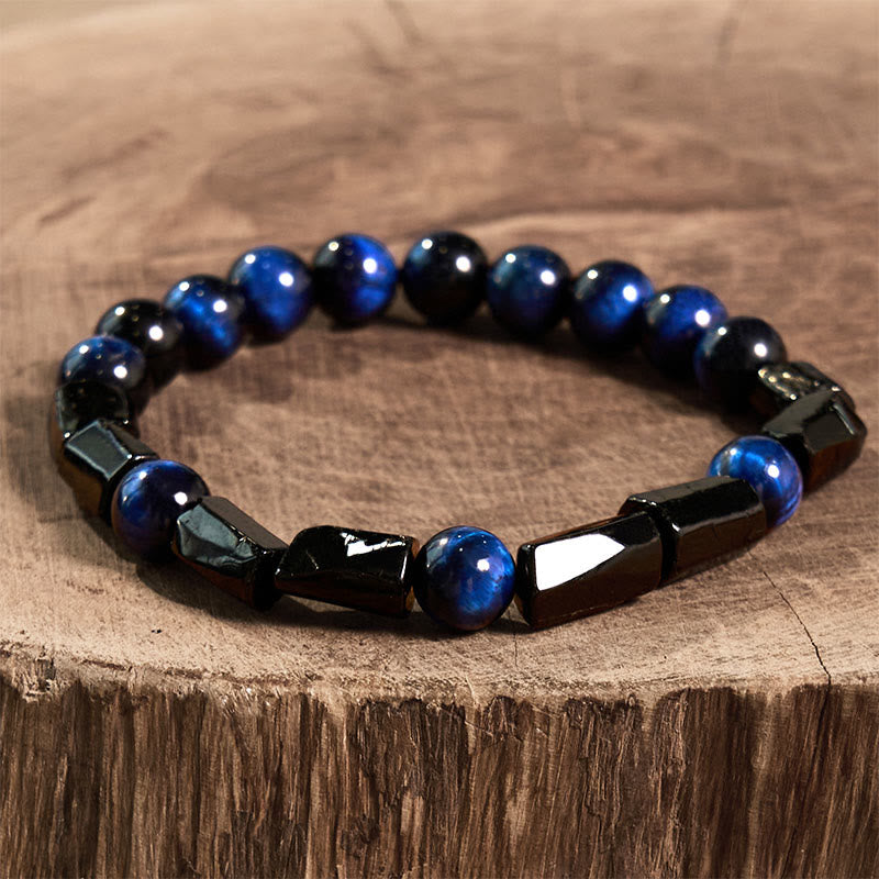 Bracelet de force en œil de tigre bleu et tourmaline noire - 8 mm