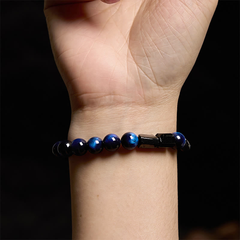 Bracelet de force en œil de tigre bleu et tourmaline noire 8 mm
