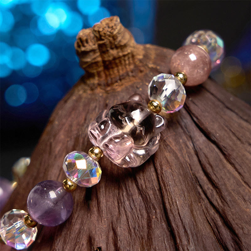 Amethyst Strawberry Quartz White Crystal Nine-Tailed Fox Protection Bracelet