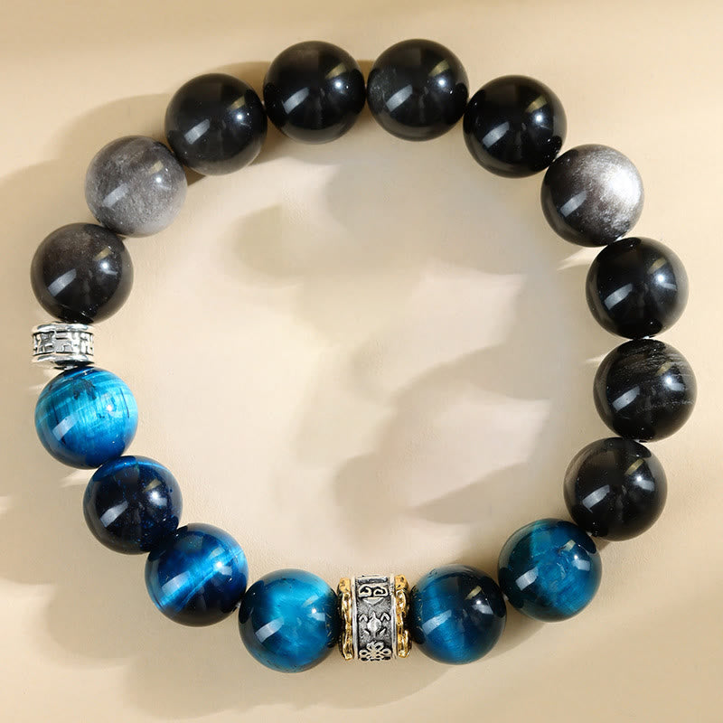 Bracelet en œil de tigre bleu et obsidienne argentée 12 mm