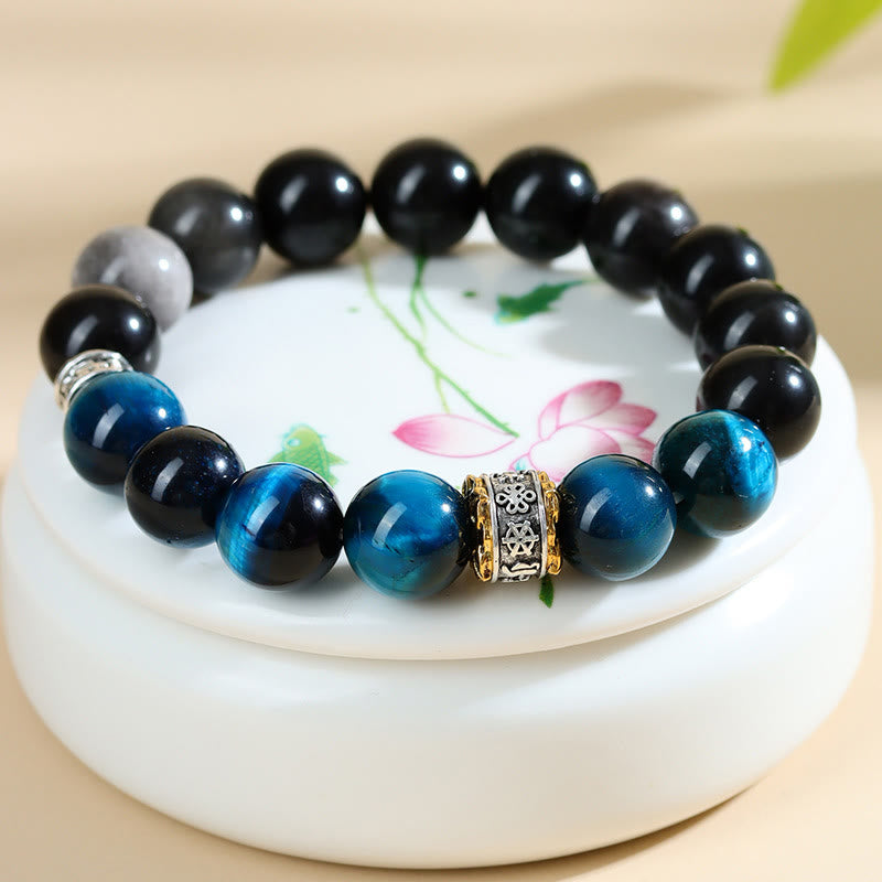 Bracelet en œil de tigre bleu et obsidienne argentée 12 mm