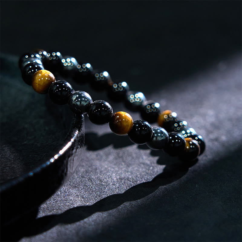 8mm Mens Yellow Tiger Eye Obsidian Hematite Bracelet for Protection