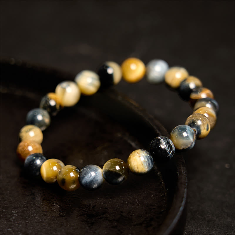 Bracelet Courage en œil de tigre jaune et bleu 8 mm