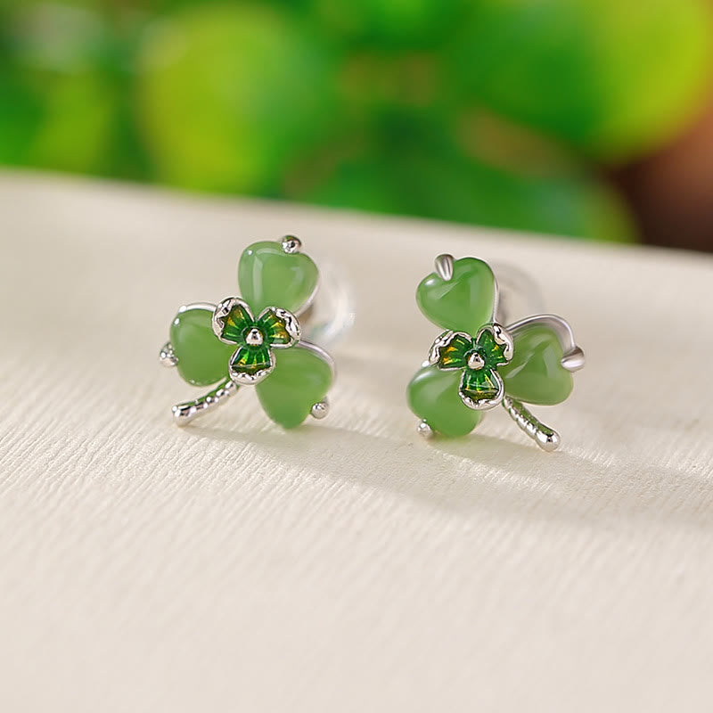 Boucles d'oreilles porte-bonheur en argent et jade trèfle Hetian