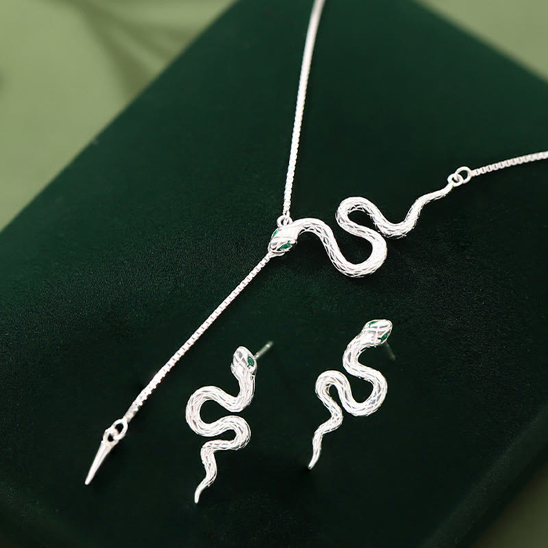 925 Sterling Silver Snake Balance Necklace Pendant Earrings Set