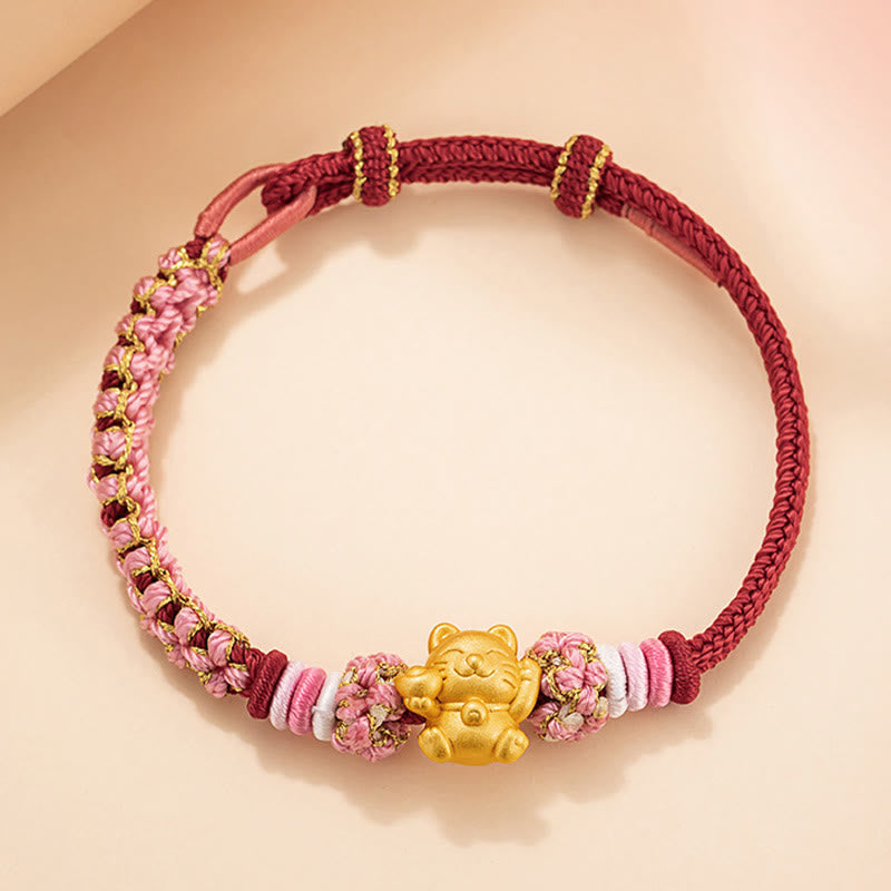 999 Sterling Silver Fortune Cat Red String Rope Bracelet