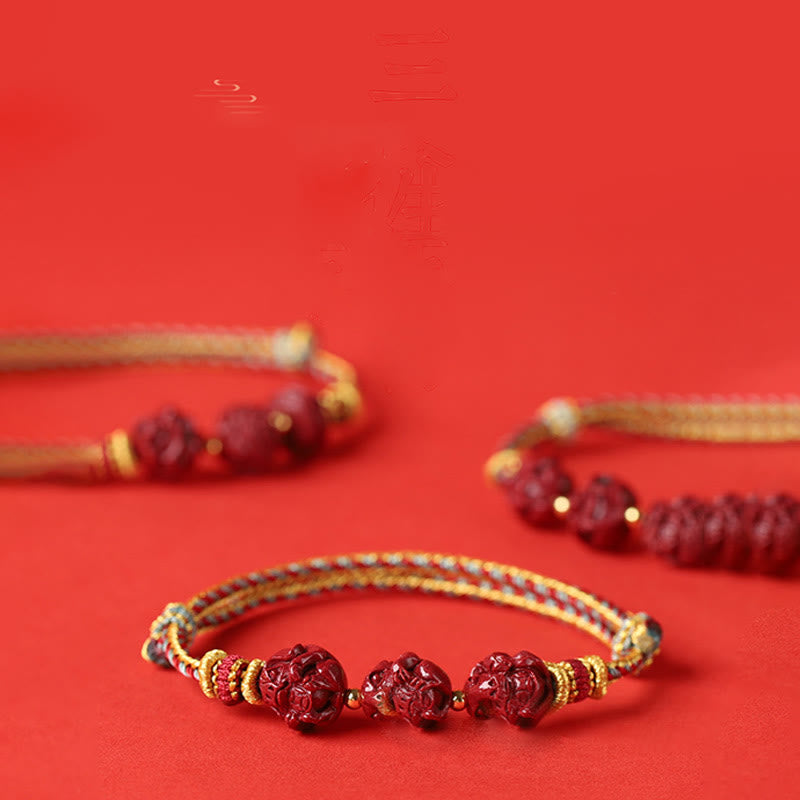 Handmade Cinnabar Chinese Zodiac Bracelet with Dark Red String Blessings