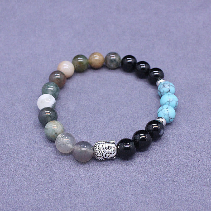 8mm Buddha Head Protection Bracelet with Mixed Gemstones