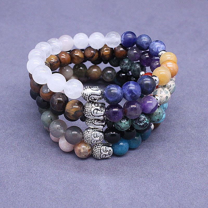 8mm Buddha Head Protection Bracelet with Mixed Gemstones