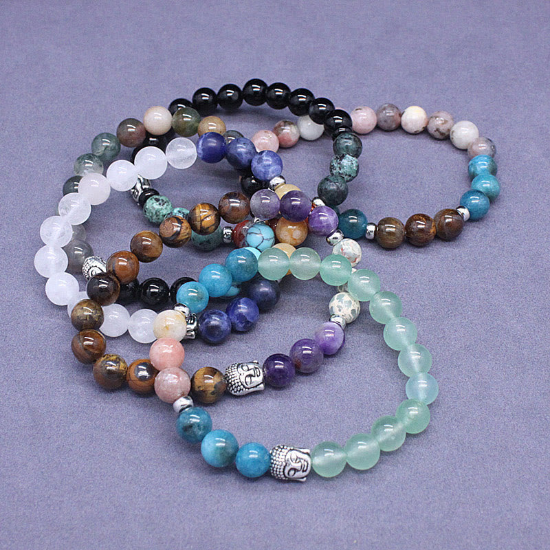 8mm Buddha Head Protection Bracelet with Mixed Gemstones