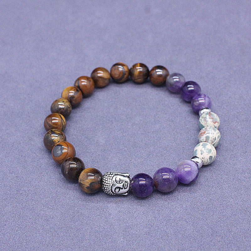 8mm Buddha Head Protection Bracelet with Mixed Gemstones