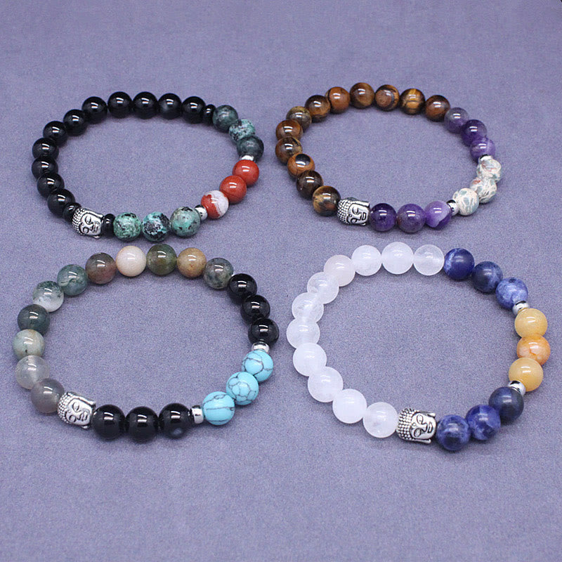 8mm Buddha Head Protection Bracelet with Mixed Gemstones