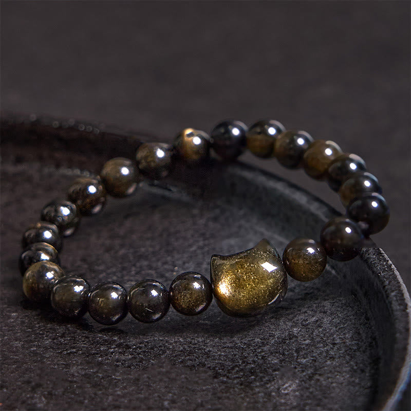 Gold Sheen Obsidian Bracelet with Lucky Cat Paw Charm for Protection