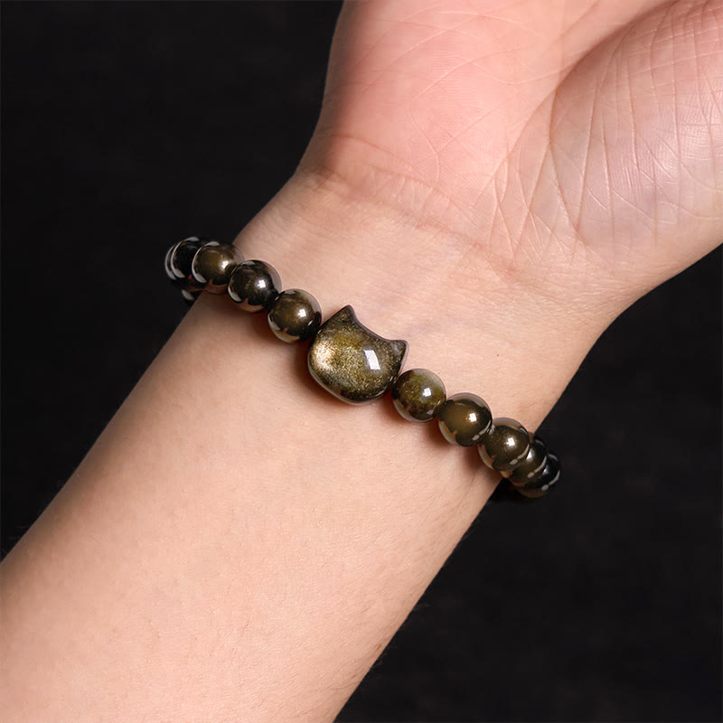 Gold Sheen Obsidian Lucky Cat Protection Bracelet 8mm