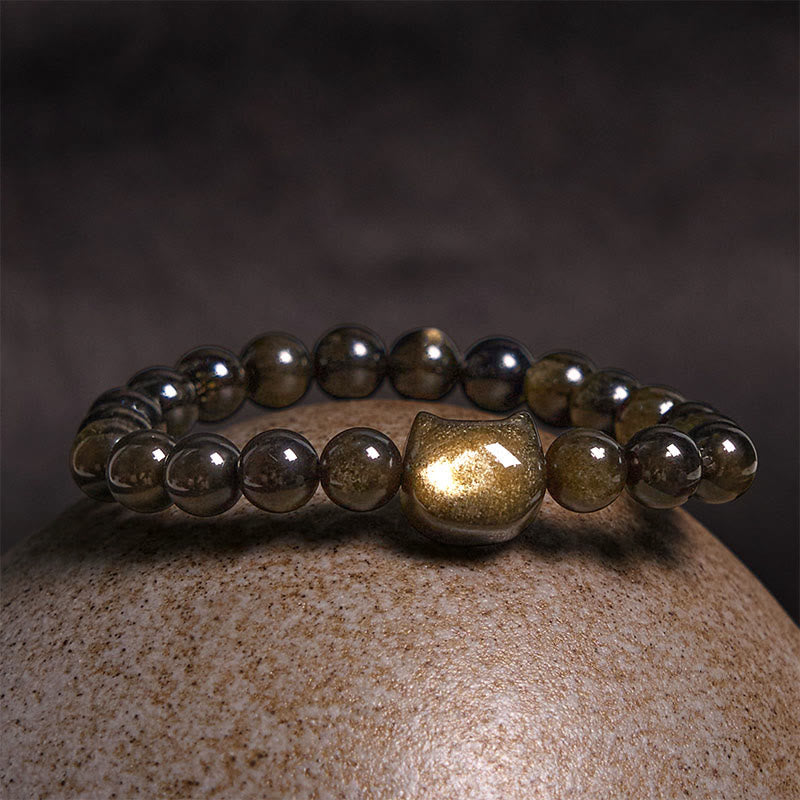 Gold Sheen Obsidian Lucky Cat Protection Bracelet 8mm