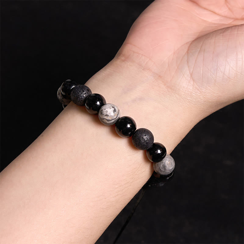 Bracelet Yin Yang en obsidienne noire et pierre de lave pour la force