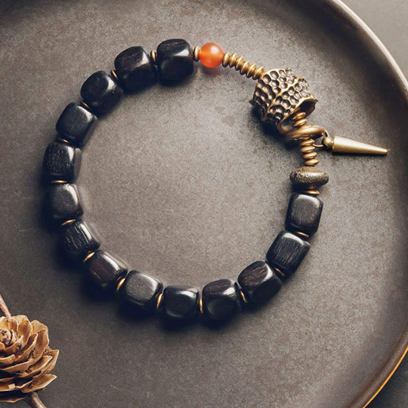 Bracelet Yin Yang Paix en Bois d'Ébène et Agate Rouge 8 mm