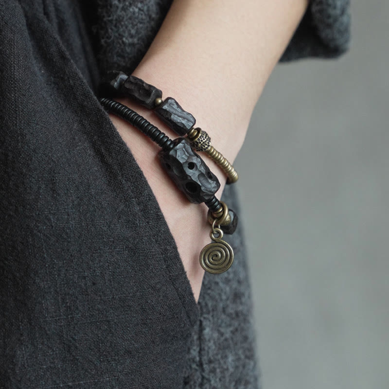 Bracelet double tour en bois d'ébène et agate rouge Peace de 8,5 mm